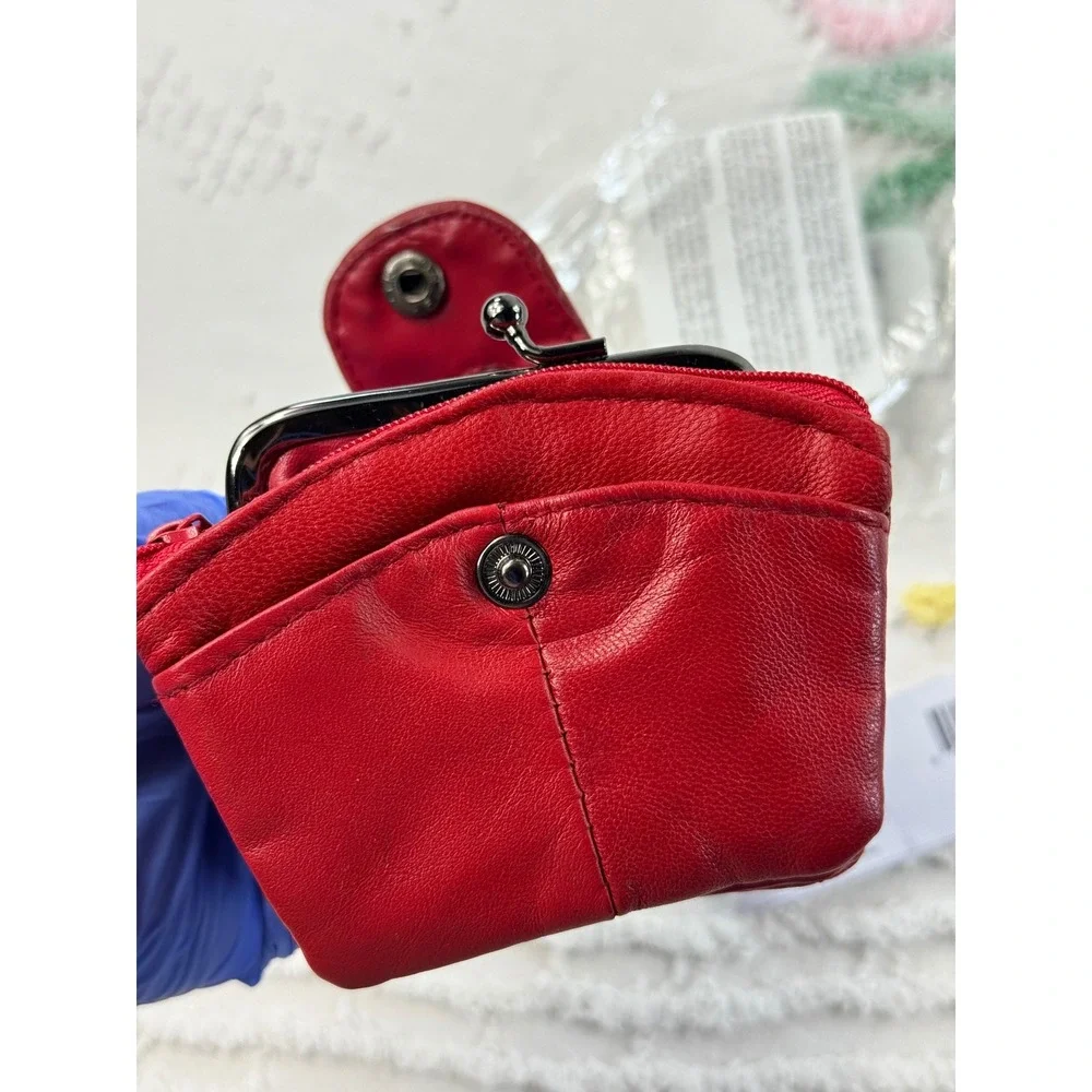 Hampton Direct Red Leather Coin Purse Kiss Lock Multi Pocket Wallet 62654 NEW